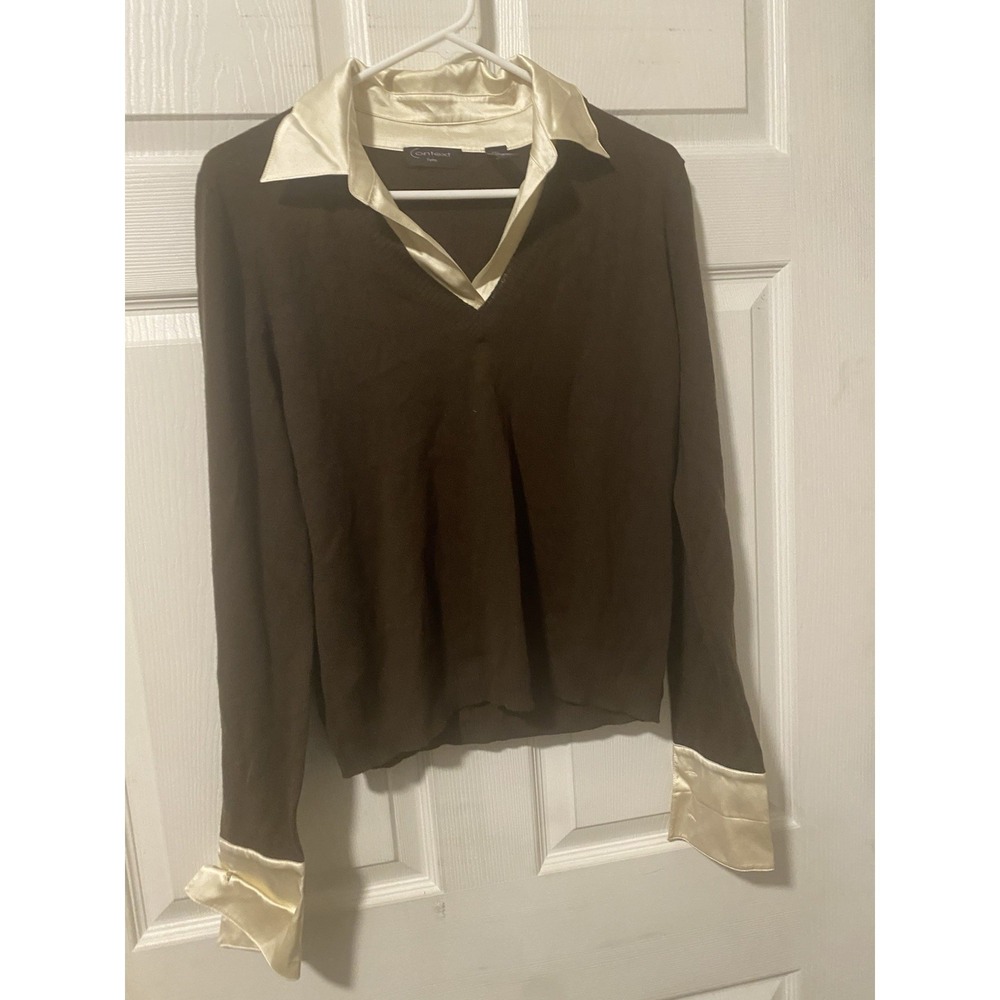 Context Women's Brown V Neck Pullover Sweater w/ Built In White Collar - Sz PXL
